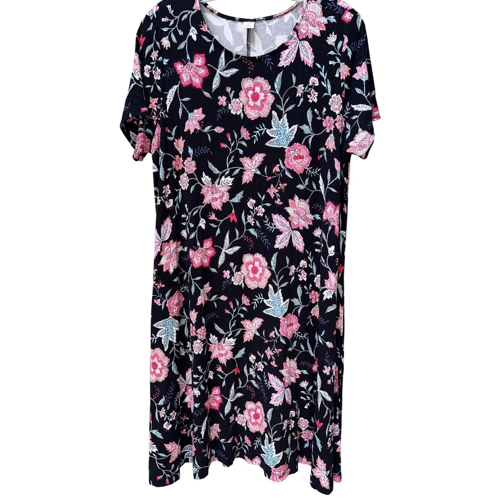 Old Navy Womens‎ Black Pink Floral Knit Swing Dress Short Sleeve Large